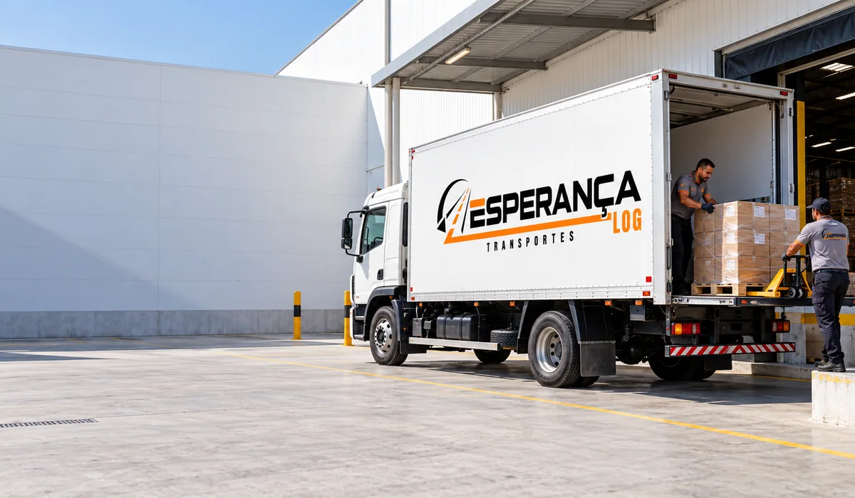 Cena ilustrativa de caminhão branco da Esperança Log em doca de distribuição