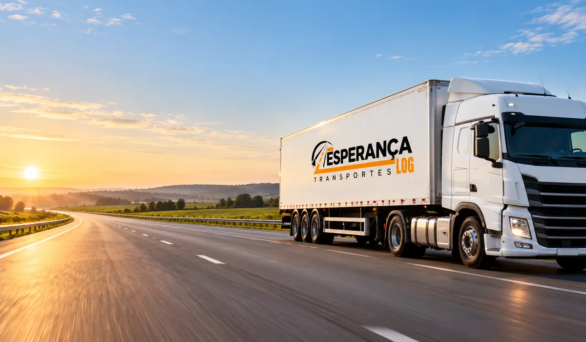 Cena ilustrativa de caminhão branco da Esperança Log em rodovia ensolarada